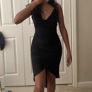 Retro "City Triangles" asymmetrical hem black dress